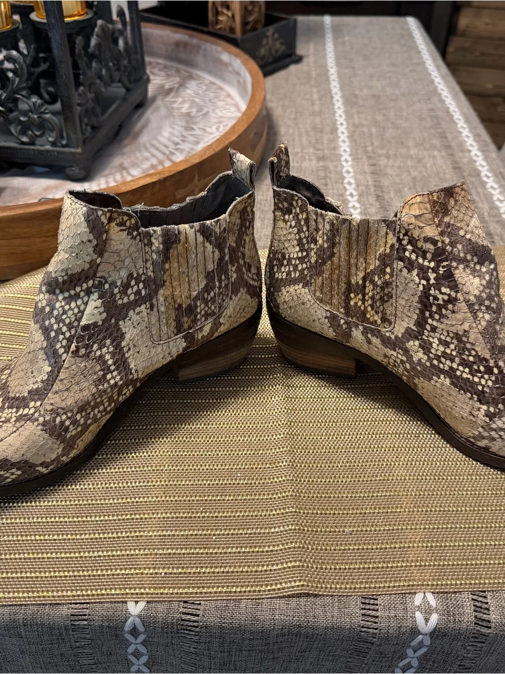 Vince Camuto Snake-Print Chelsea Booties in Beige and Brown